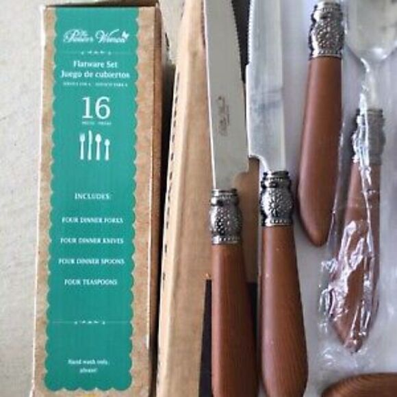 🦋 EUC Pioneer Woman Cowgirl Lace 16pc Flatware Set with Wood Brown Colored - Picture 6 of 8